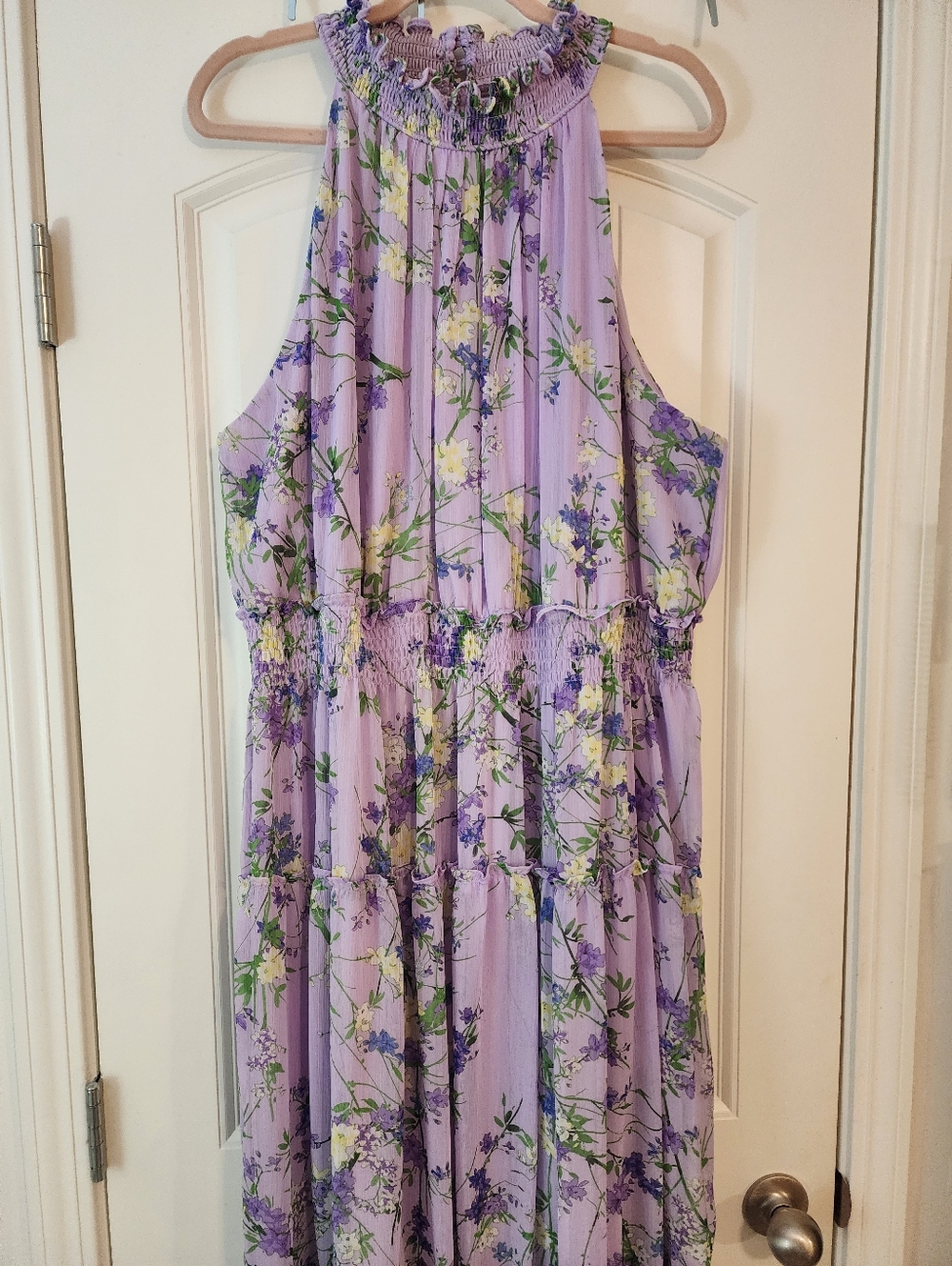Taylor Lilac Lavender Floral Smocked Halter Maxi Dress 20W Feminine Romantic
